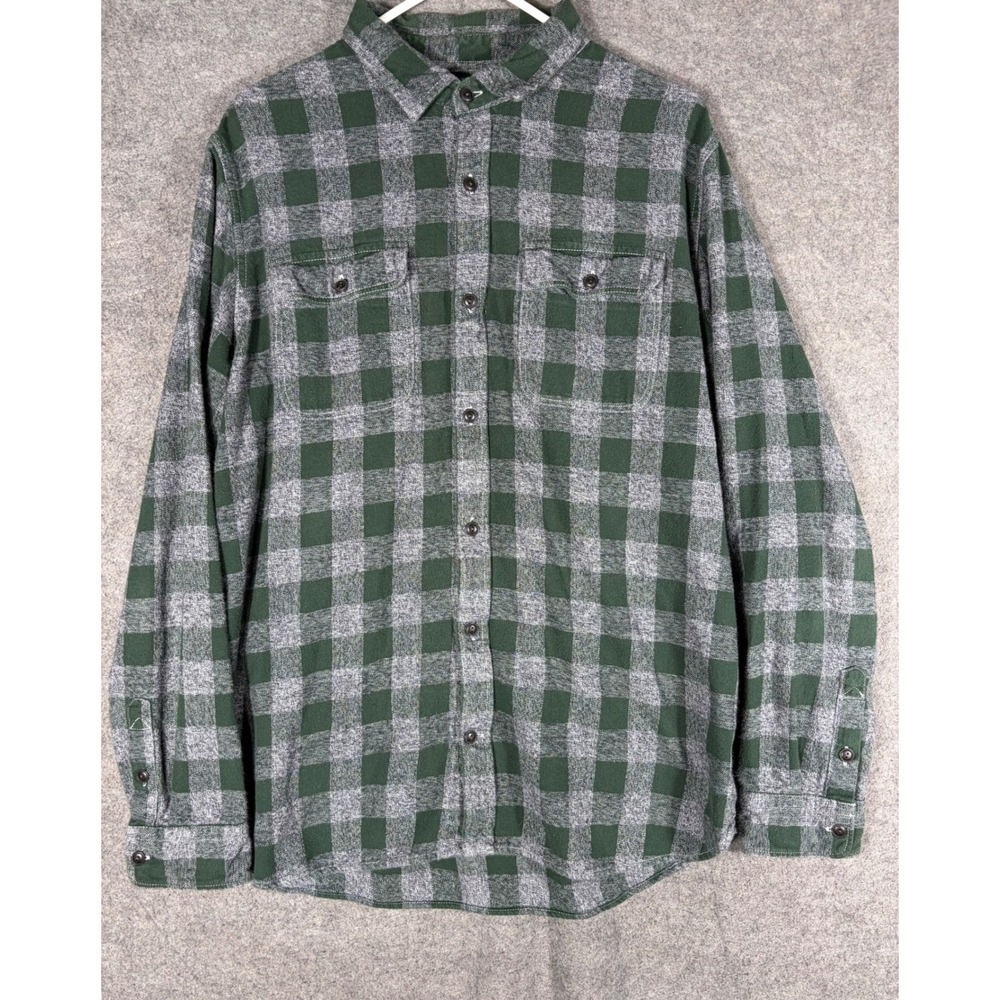 Gap Mens Flannel Shirt Large Standard Fit Green Gray Buffalo Plaid Long Sleeve